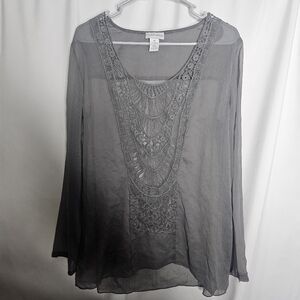 Soft Surroundings Gray Sheer Embroidered Lace Top